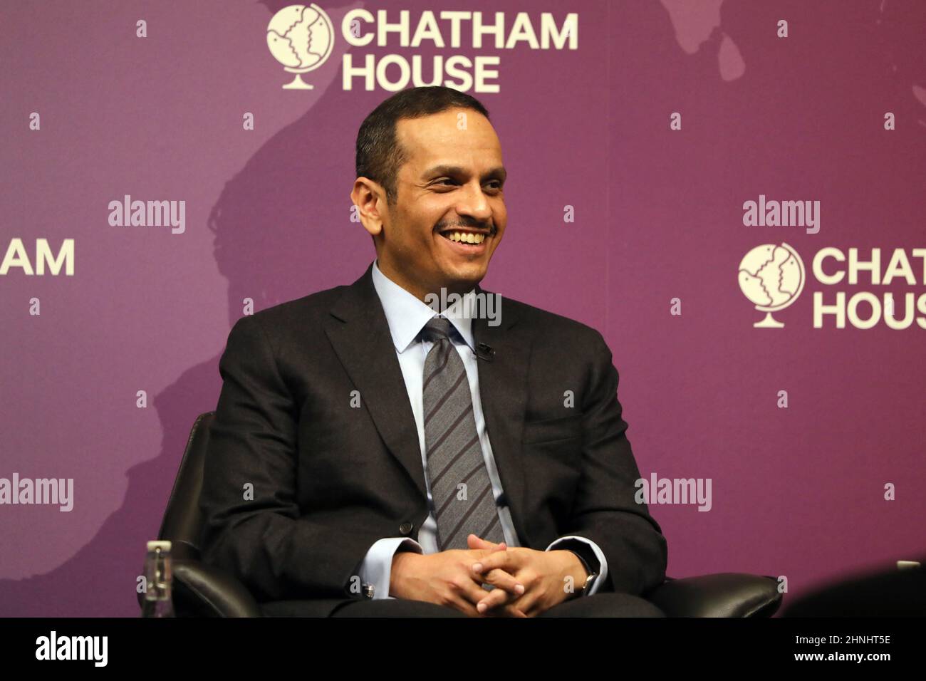 Qatar’s foreign affairs minister Sheikh Mohammed Bin Abdulrahman Al-Thani speaking at Chatham House, London on 17 February, 2022 Stock Photo