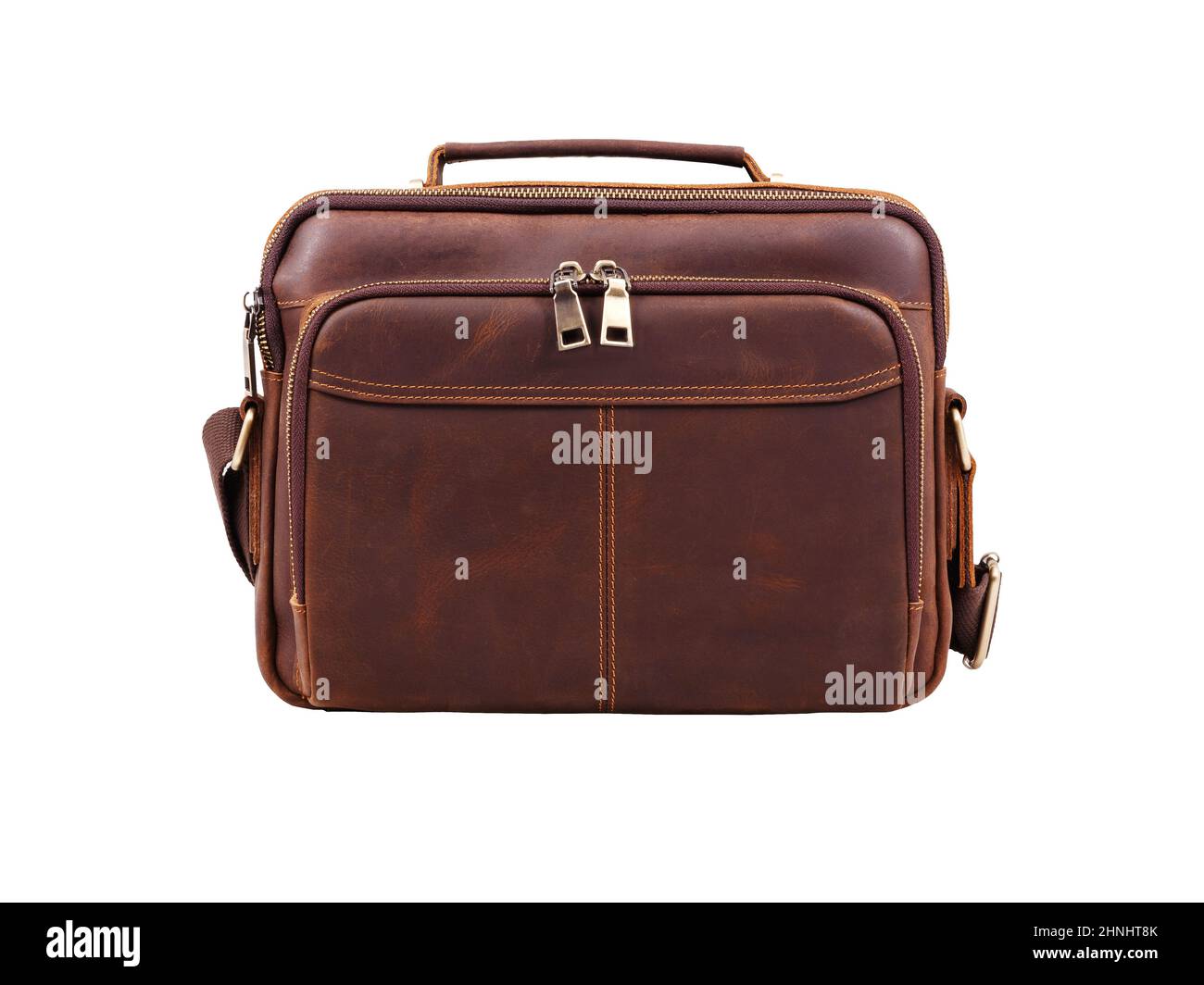 Modern brown leather briefcase isolated on white background. Stock Photo
