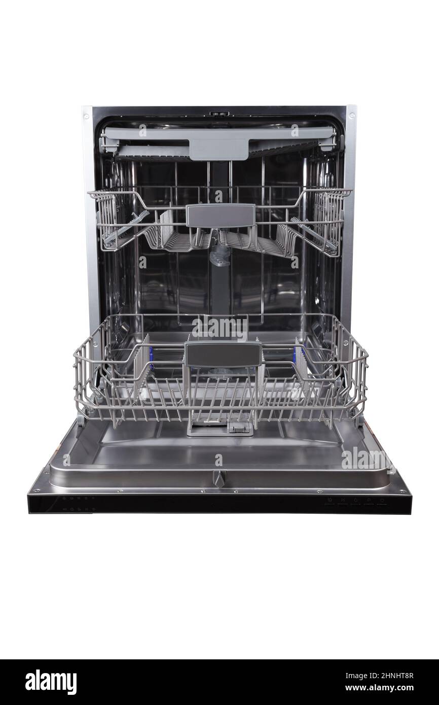 New dishwasher with open door and empty trays extended isolated on
