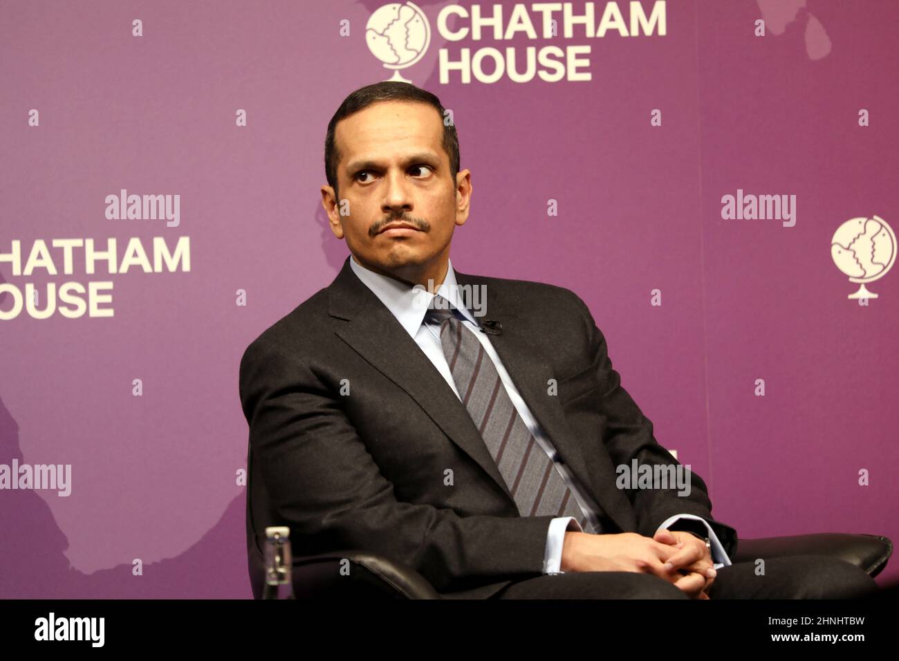 Qatar’s foreign affairs minister Sheikh Mohammed Bin Abdulrahman Al-Thani speaking at Chatham House, London on 17 February, 2022 Stock Photo