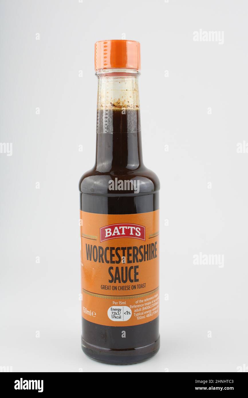 Bottle of Lidl Batts Worcestershire sauce isolated with copy space Stock Photo