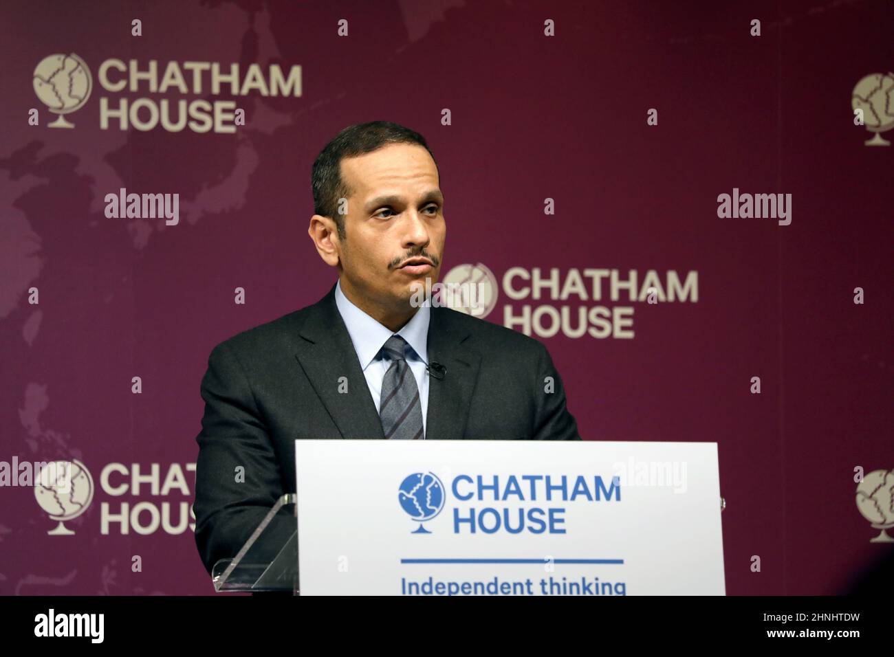 Qatar’s foreign affairs minister Sheikh Mohammed Bin Abdulrahman Al-Thani speaking at Chatham House, London on 17 February, 2022 Stock Photo