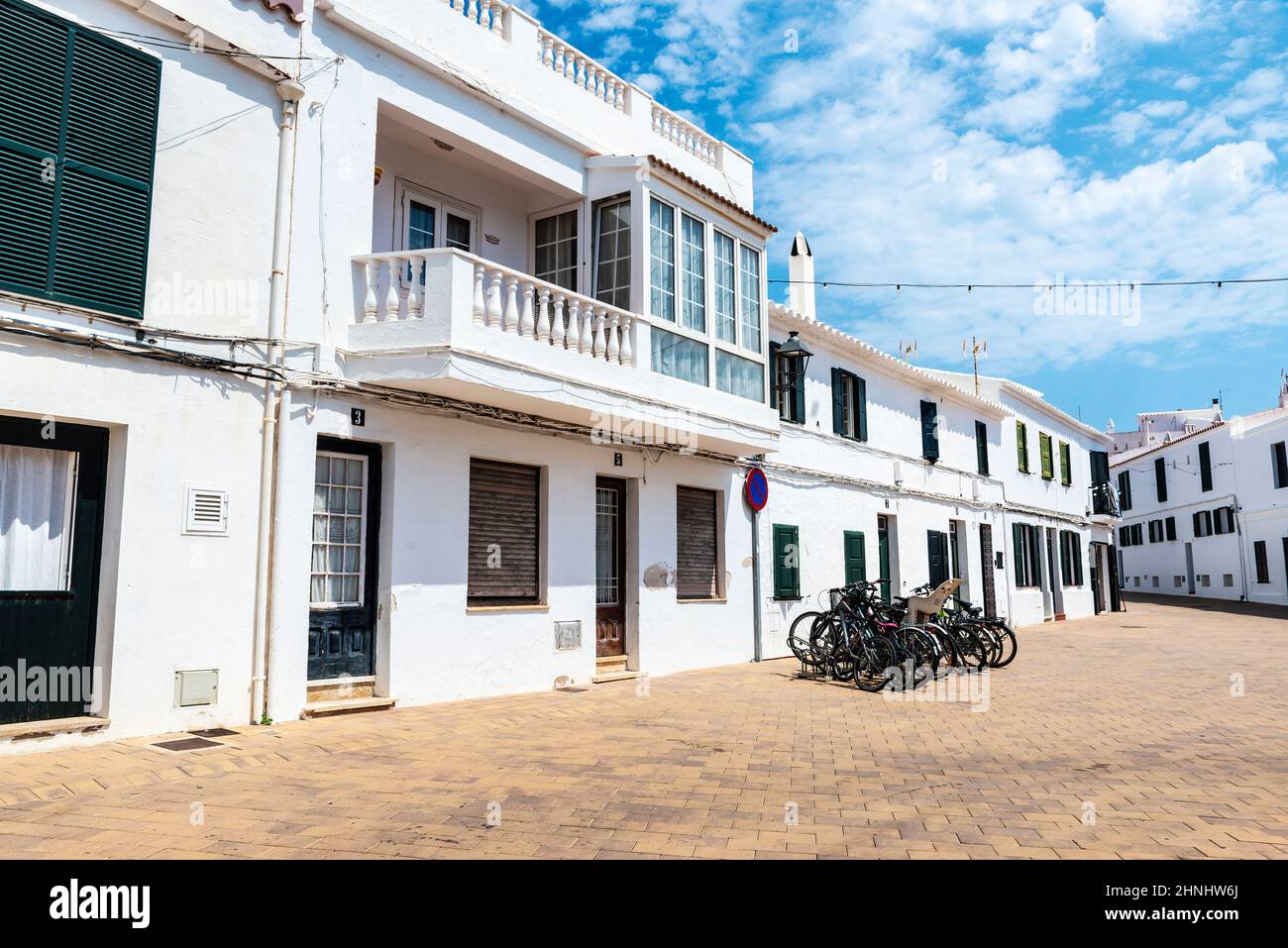 Street of the white village of Fornells on summer in Menorca, Balearic island, Spain Stock Photo