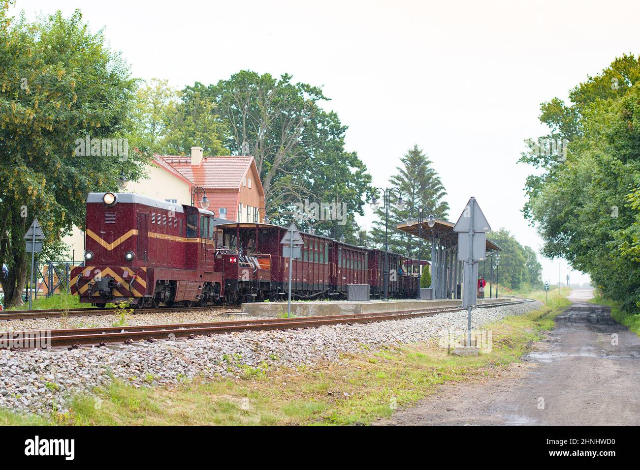 Rewal, Poland, June 2020 Old diesel narrow gauge train departing. Popular tourist attraction Stock Photo