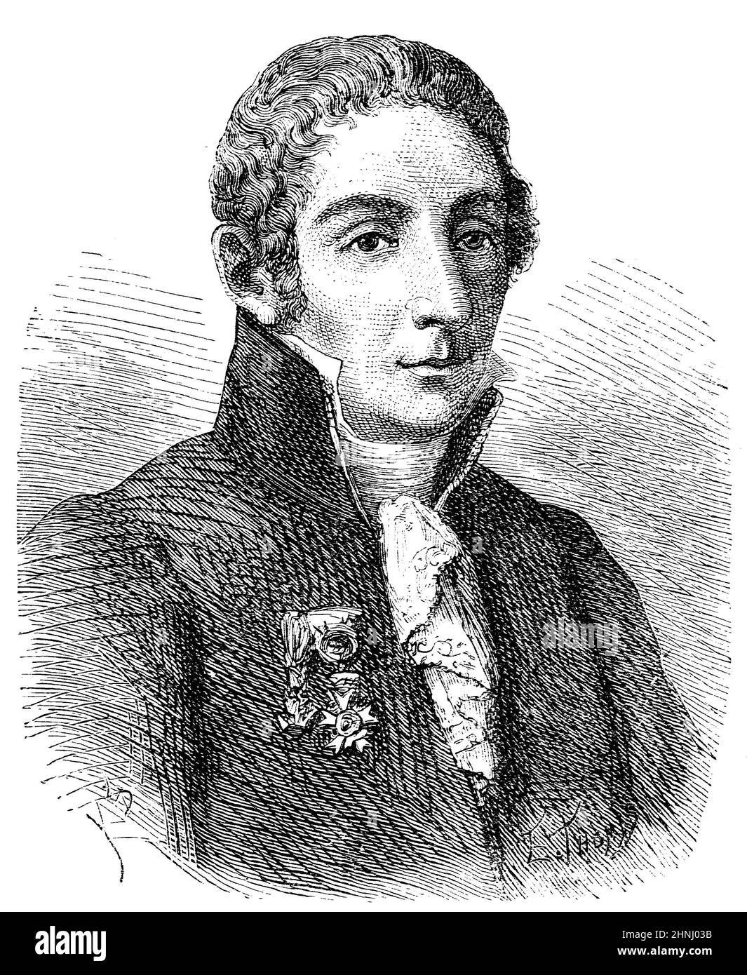 Alessandro Giuseppe Antonio Anastasio Volta, ab 1810 Graf von Volta, 18. Februar 1745 - 5. März 1827, war ein italienischer Physiker. Er gilt als Erfinder der Volta’schen Säule heute bekannt als elektrische Batterie und als einer der Begründer der Elektrizitätslehre  /  Alessandro Giuseppe Antonio Anastasio Volta, from 1810 Count of Volta, February 18, 1745 - March 5, 1827, was an Italian physicist. He is considered the inventor of Volta's column today known as the electric battery and one of the founders of the theory of electricity, Historisch, historical, digital improved reproduction of an Stock Photo