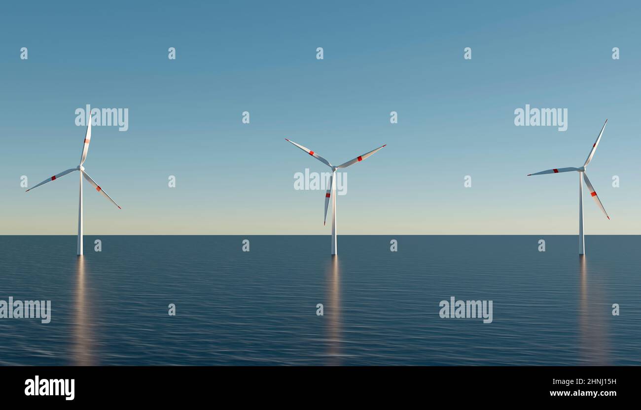 Offshore wind turbines. Wind power generator. A rotating propeller. Natural energy. windmill eco. 3D rendering Stock Photo