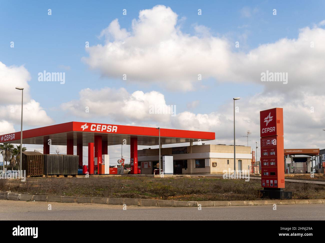 Campos, Spain; february 13 2022: Service and vehicle refueling station of the multinational company Cepsa, in the Majorcan town of Campos Stock Photo