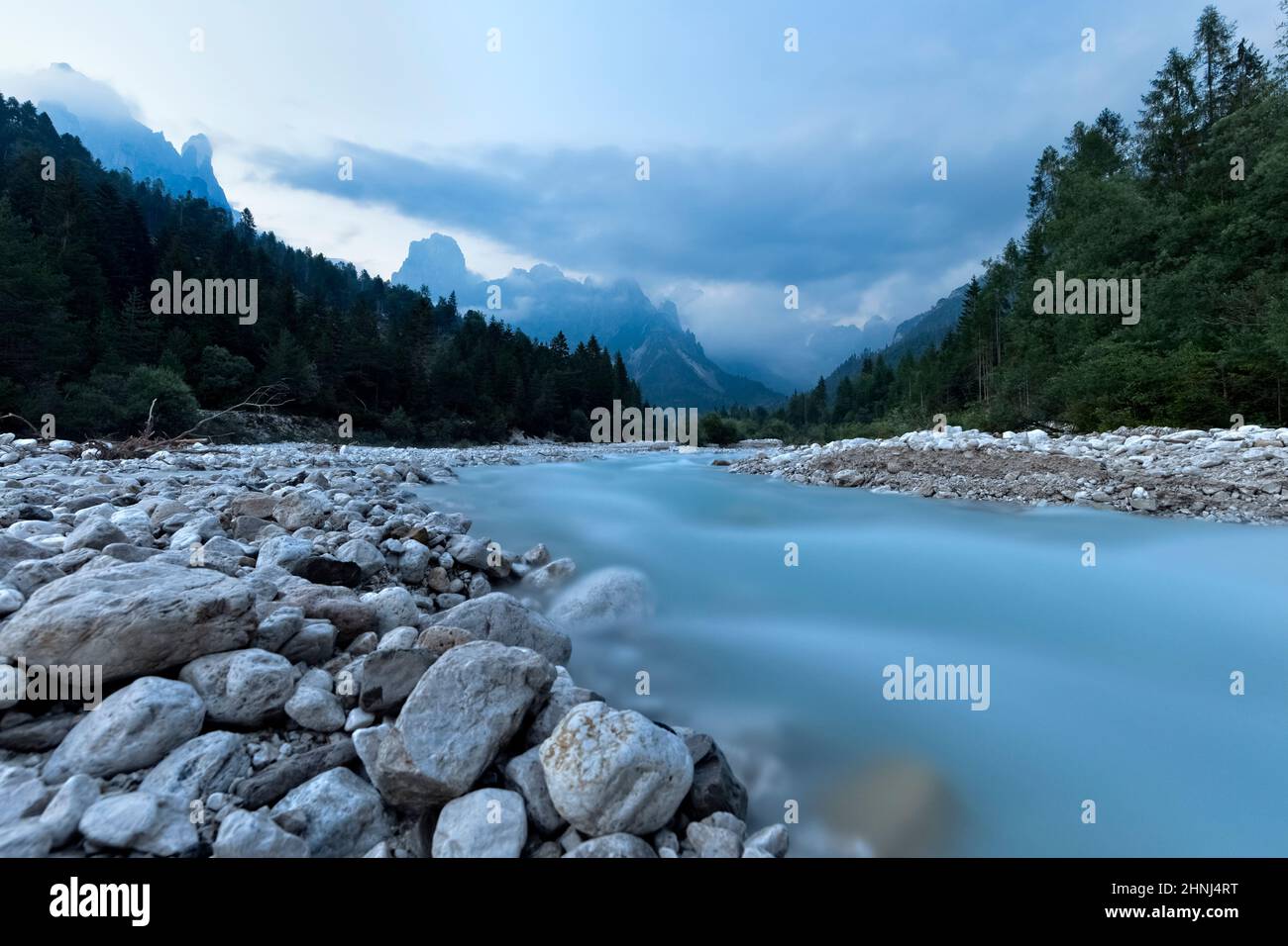 The torrent flows into the Canali Valley. Canali is considered one of the most beautiful alpine valleys in the Dolomites. Tonadico, Trentino, Italy. Stock Photo