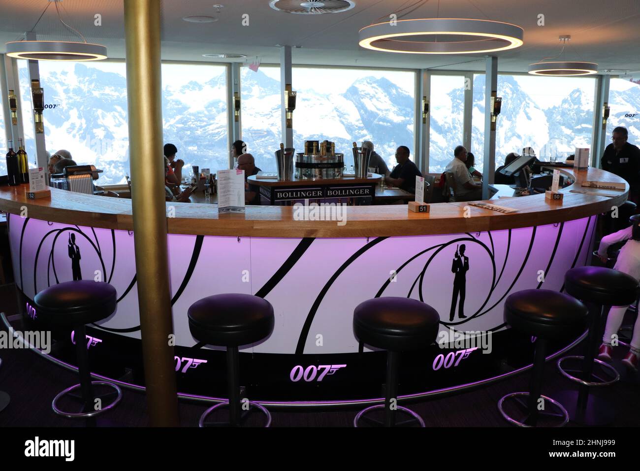 James Bond Champagne Bar at the Shilthorn revolving restaurant in the room featured in 'On Her Majestys Secret Service' film Stock Photo