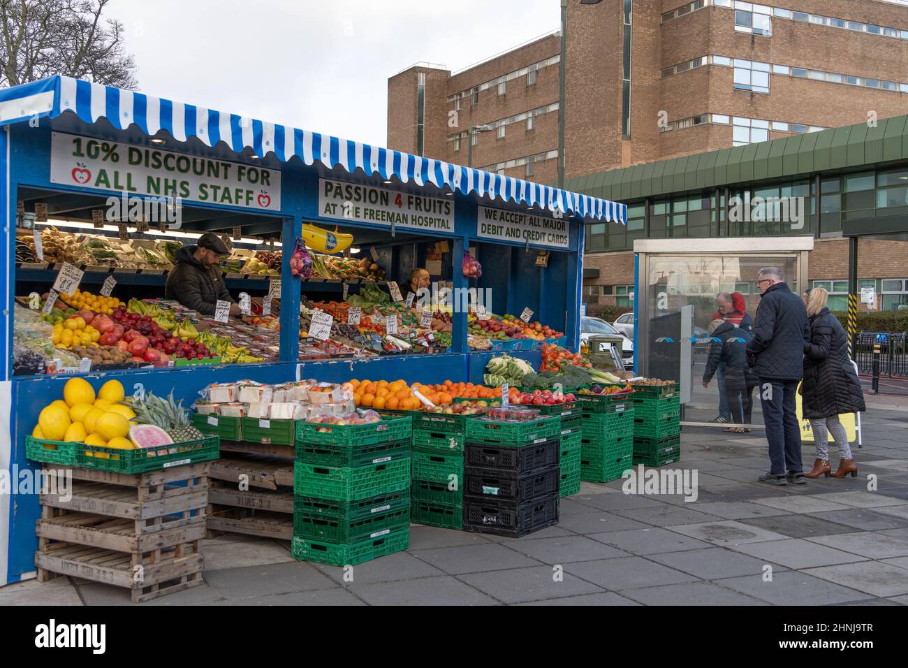 A fruit and vegetable stall outside of the Freeman Hospital, Newcastle upon Tyne, UK, promoting