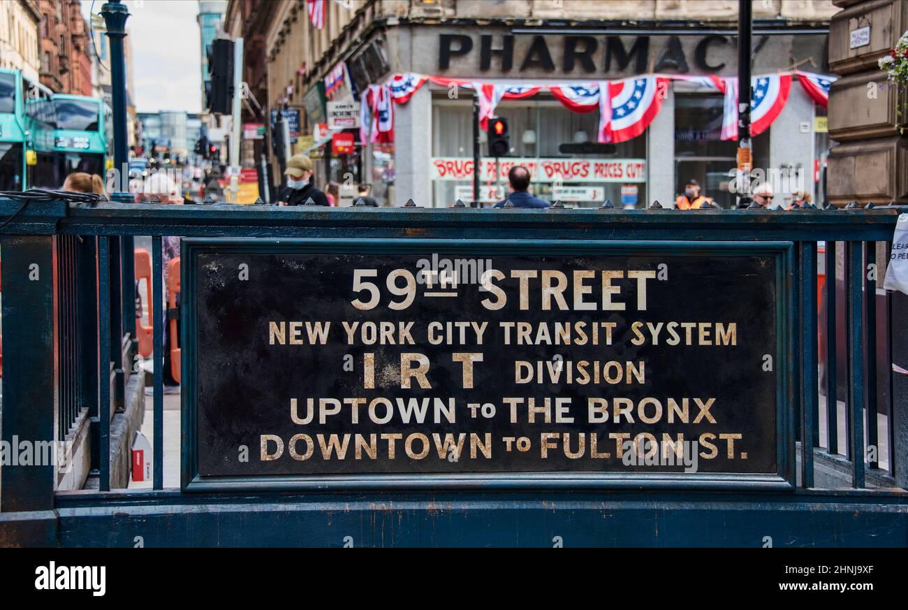 Entrance to 59th Street underground NYC on Glasgow street being used