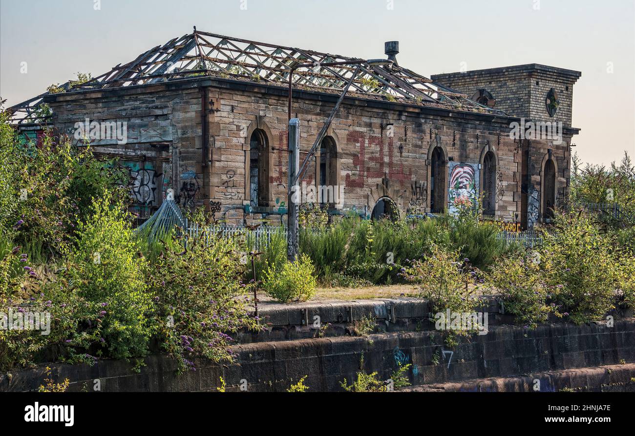 Derelict Pump House at abandoned Glasgow Graving Docks. Stock Photo