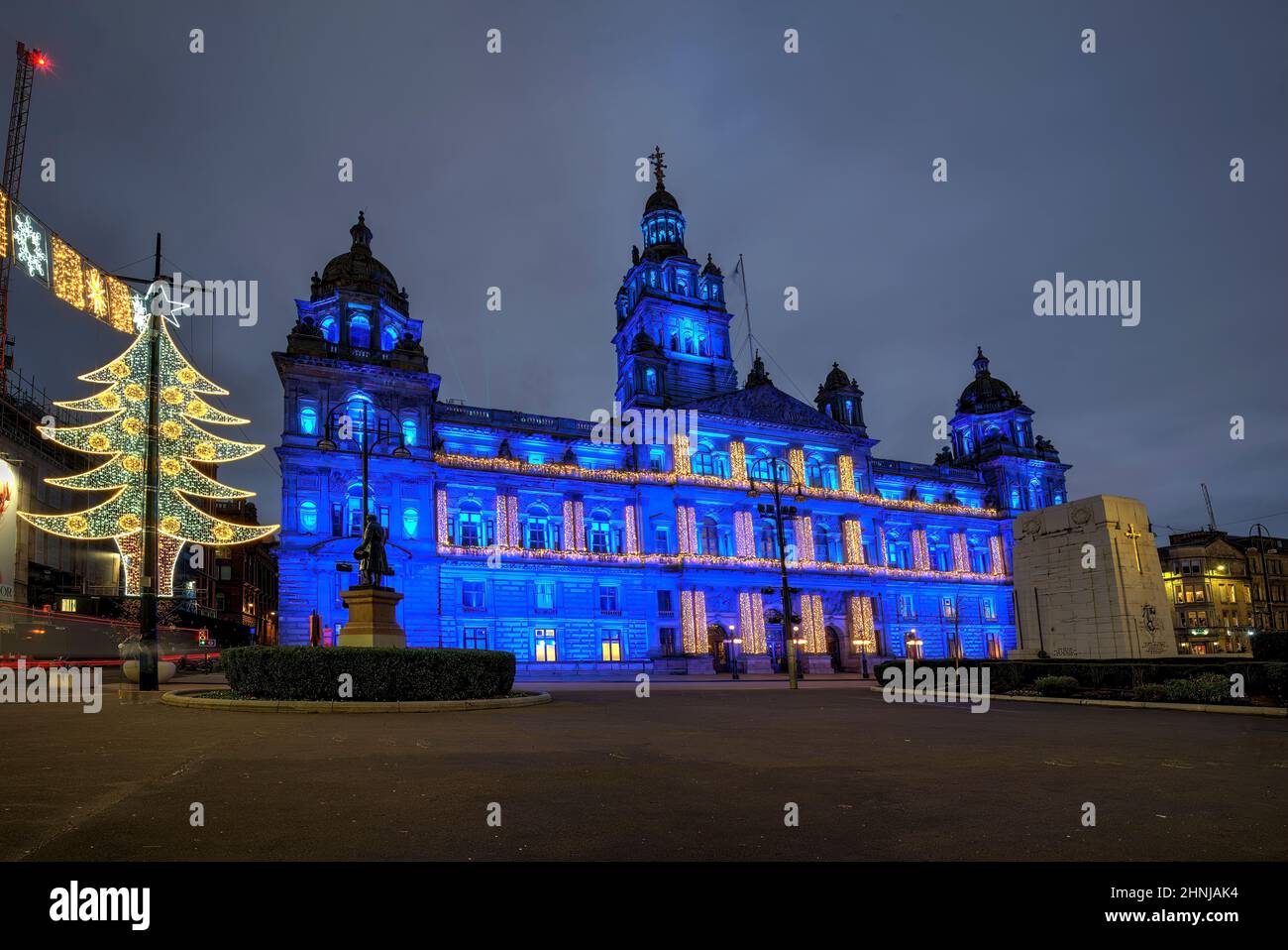 Glasgow City Chambers in George Square lit ip during Glasgow Illuminated event. Stock Photo