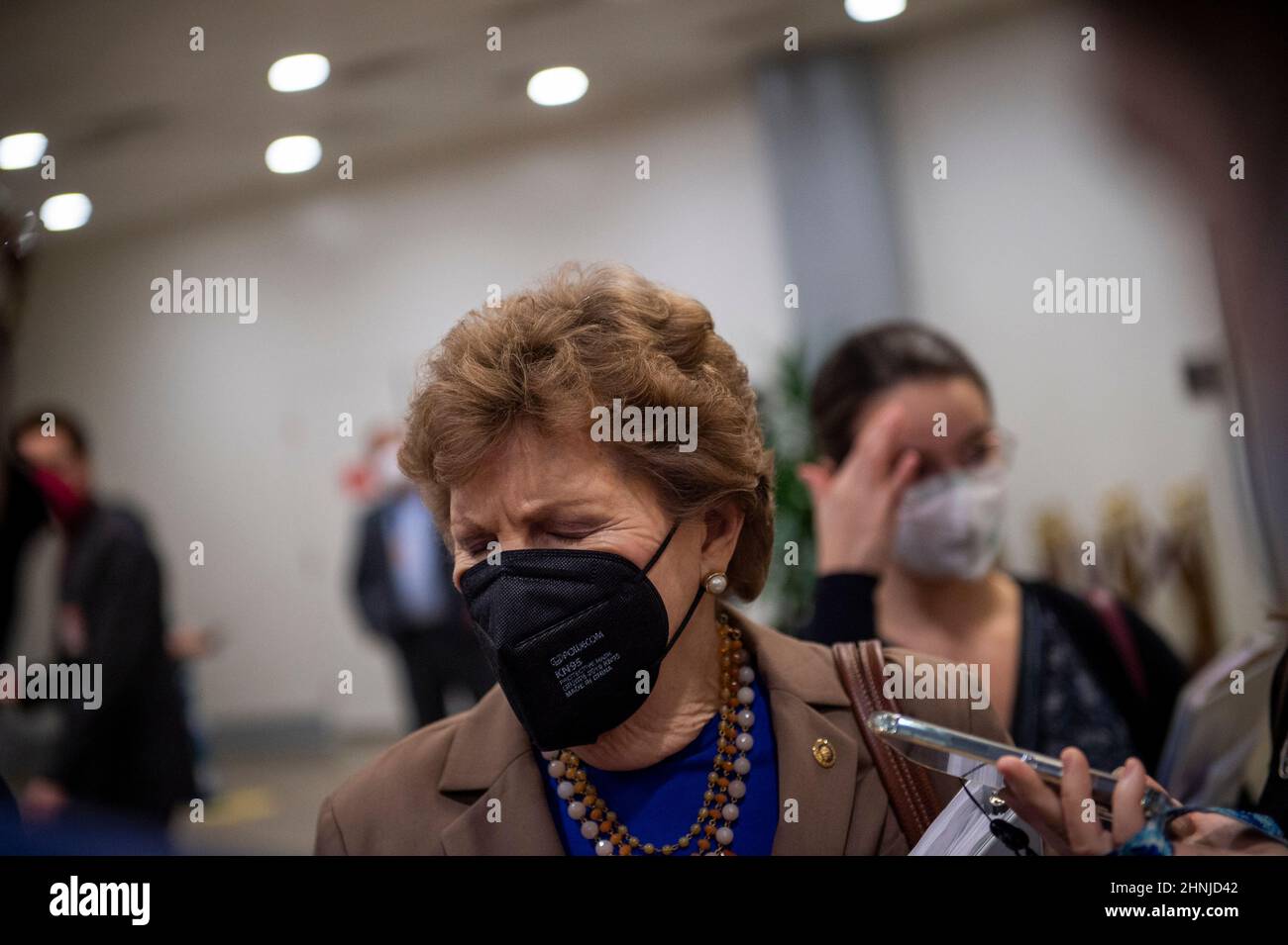 United States Senator Jeanne Shaheen (Democrat of New Hampshire) talks to reporters as he walks through the Senate subway during a vote at the US Capitol in Washington, DC, Wednesday, February 16, 2022. Credit: Rod Lamkey / CNP/Sipa USA Stock Photo