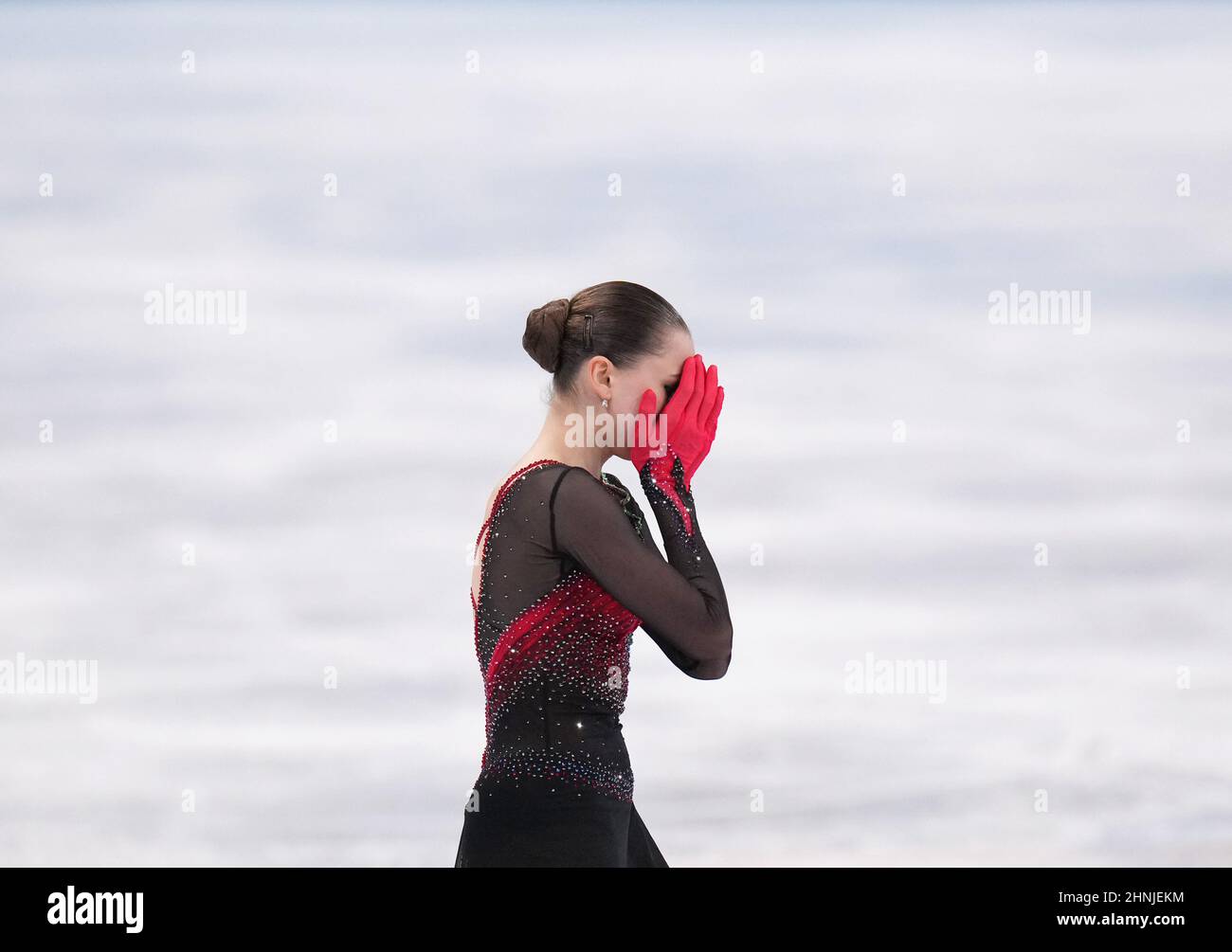 Beijing, China. 17th Feb, 2022. Kamila Valieva of ROC reacts after she performs during the Women's Single Figure Skating Free Program in the Capital Indoor Stadium at the Beijing 2022 Winter Olympic on Thursday, February 17, 2022. A document submitted by the World Anti-Doping Agency at Kamila Valieva's hearing revealed that the Russian figure skater acknowledged taking two other substances similar to the banned substance trimetazidine which she tested positive for. Photo by Richard Ellis/UPI Credit: UPI/Alamy Live News Stock Photo