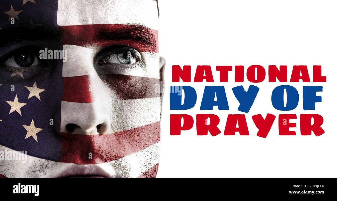Caucasian young man with us flag face paint by national day of prayer text over white background Stock Photo