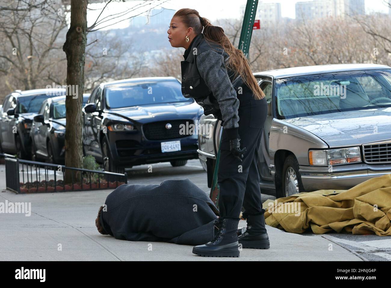 New York NY 20220110 Queen Latifah is seen holding a gun during an action scene at "The