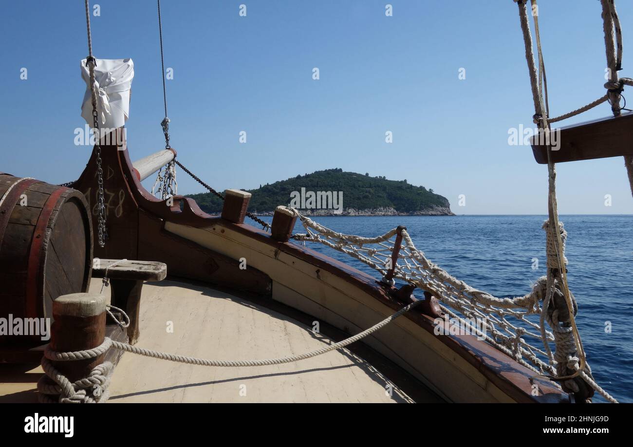 Pleasure cruise from Dubrovnik old harbour aboard a vintage wooden ship. Stock Photo