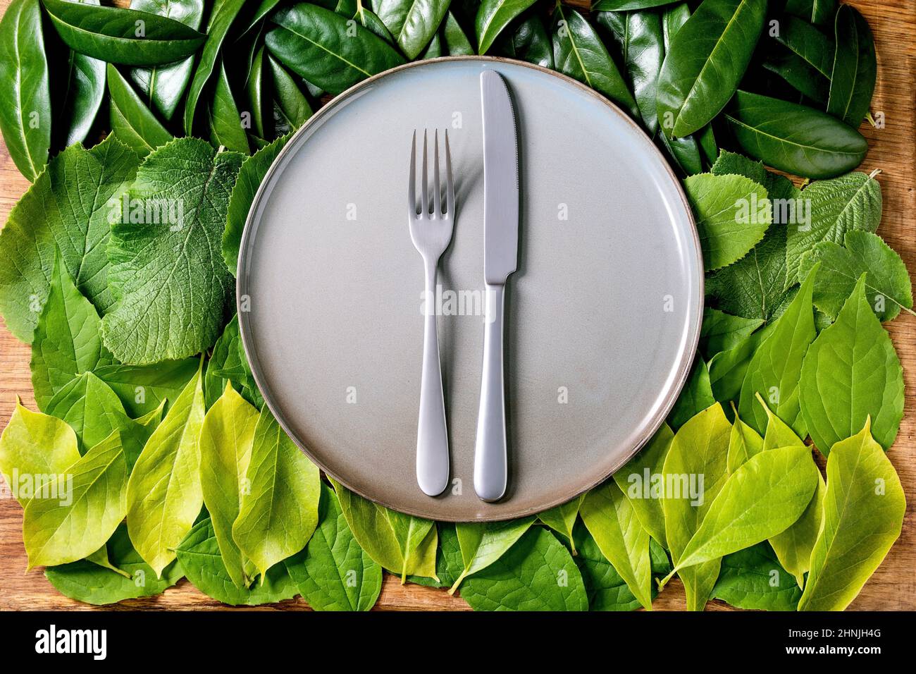 Empty ceramic plate with knife and fork on background made of green leaves, green gradient. Copy space. Empty place for product. Summer menu concept. Stock Photo