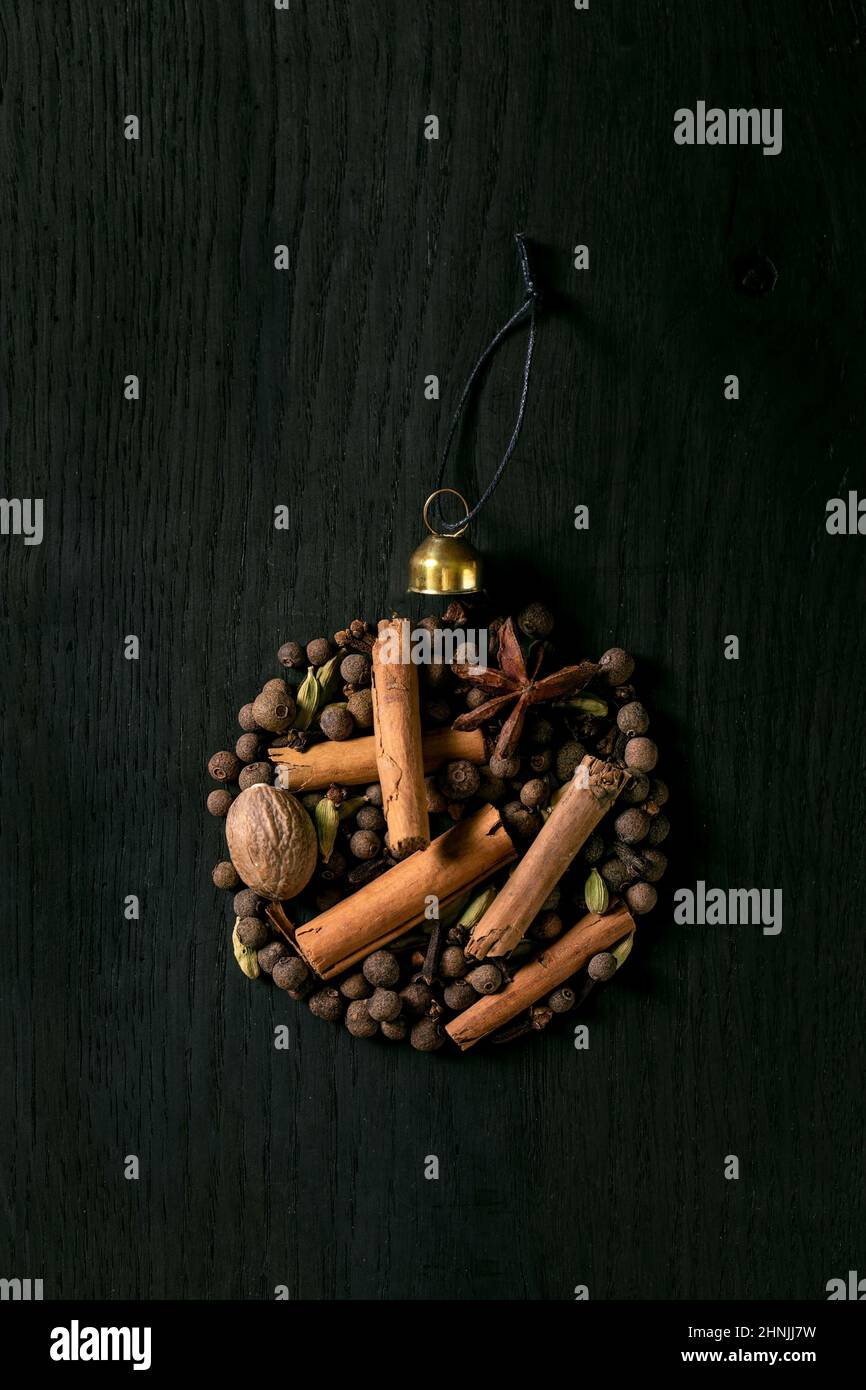 Aromatic spices collection, mulled wine ingredients as Christmas ball