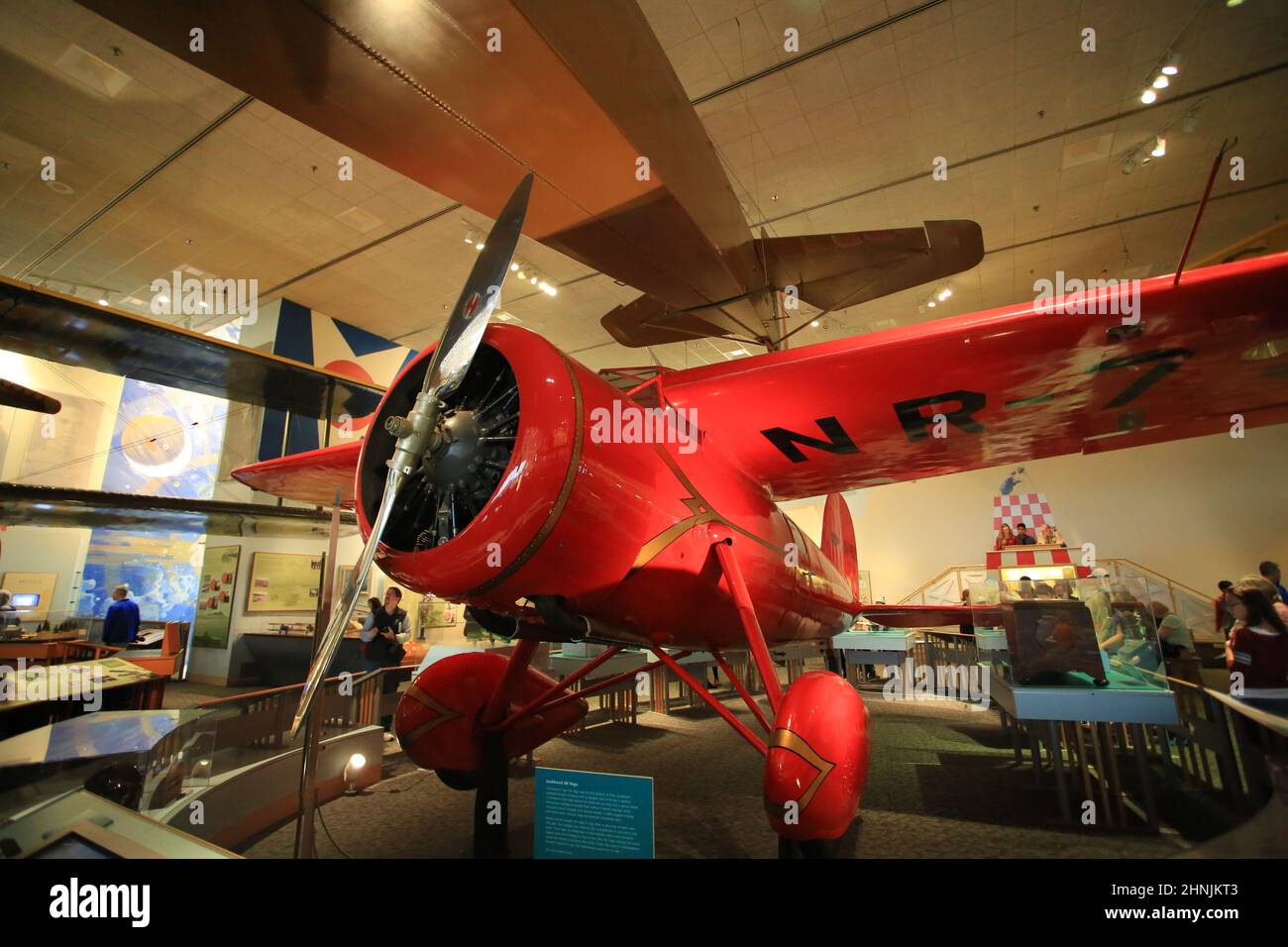 Amelia Earhart's Lockheed Vega 5B, Biplane hanging on airplane display in The Smithsonian's National Air and Space Museum Stock Photo