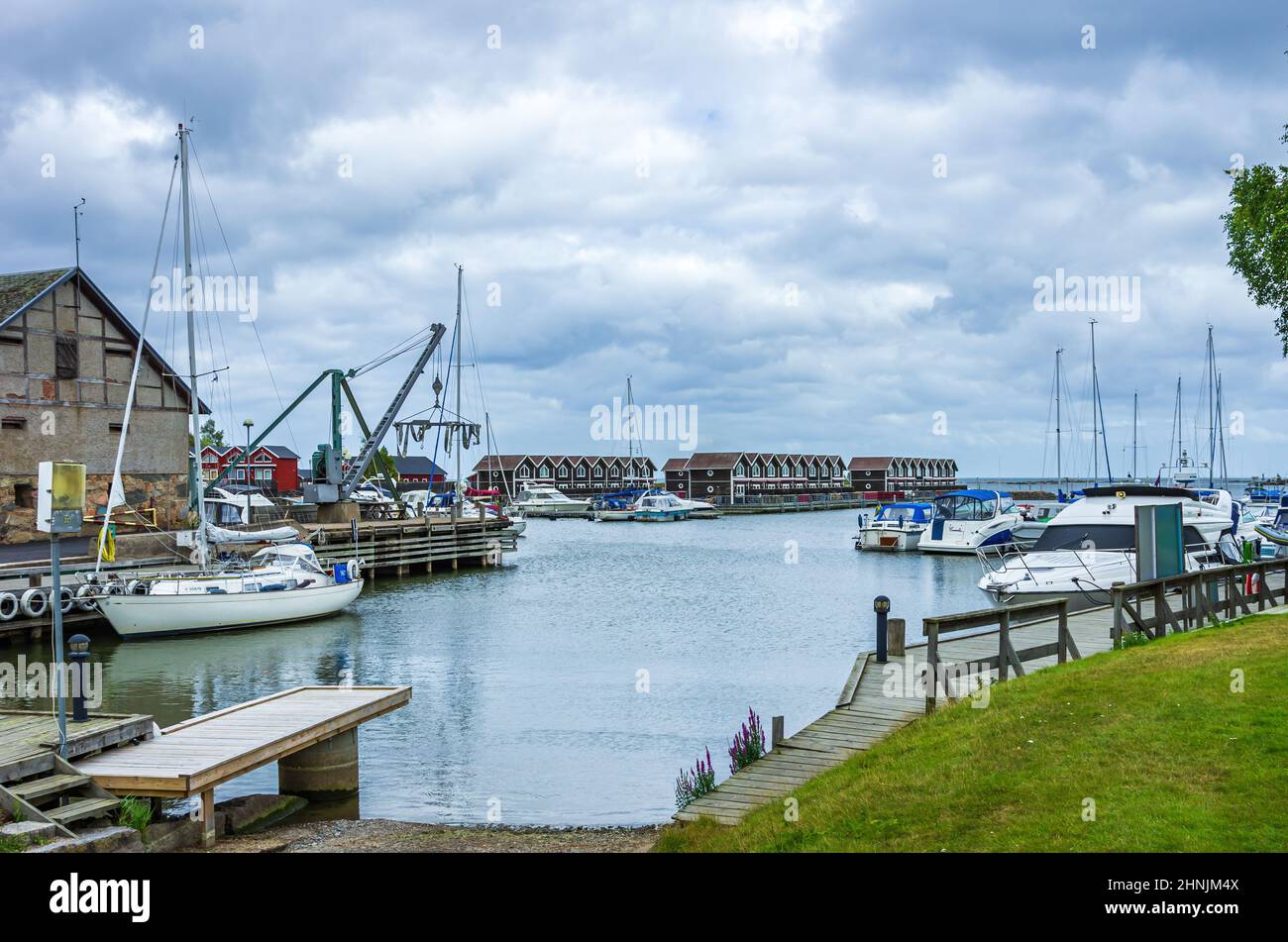 Mellerud, Dalsland, Sweden - August 9, 2016: Picturesque view of the small harbour of Sunnana (Sunnana hamn) at Lake Vanern. Stock Photo