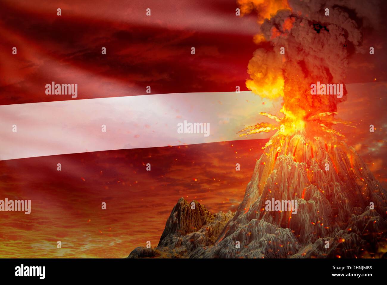 big volcano blast eruption at night with explosion on Latvia flag  background, problems of eruption and volcanic ash concept - 3D illustration  of natur Stock Photo - Alamy