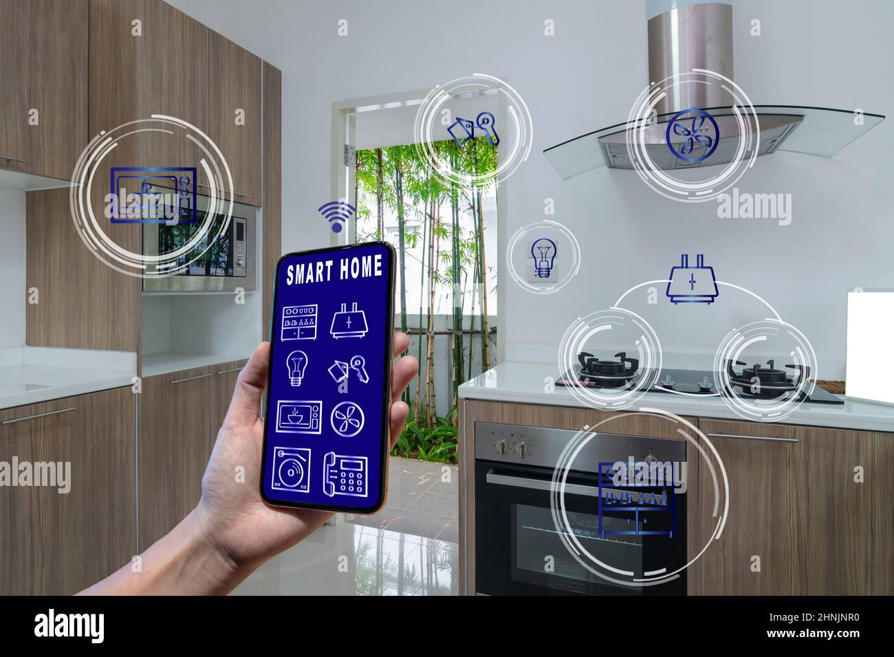 Smart Home and augmented reality Technology concept, Hand holding smart ...