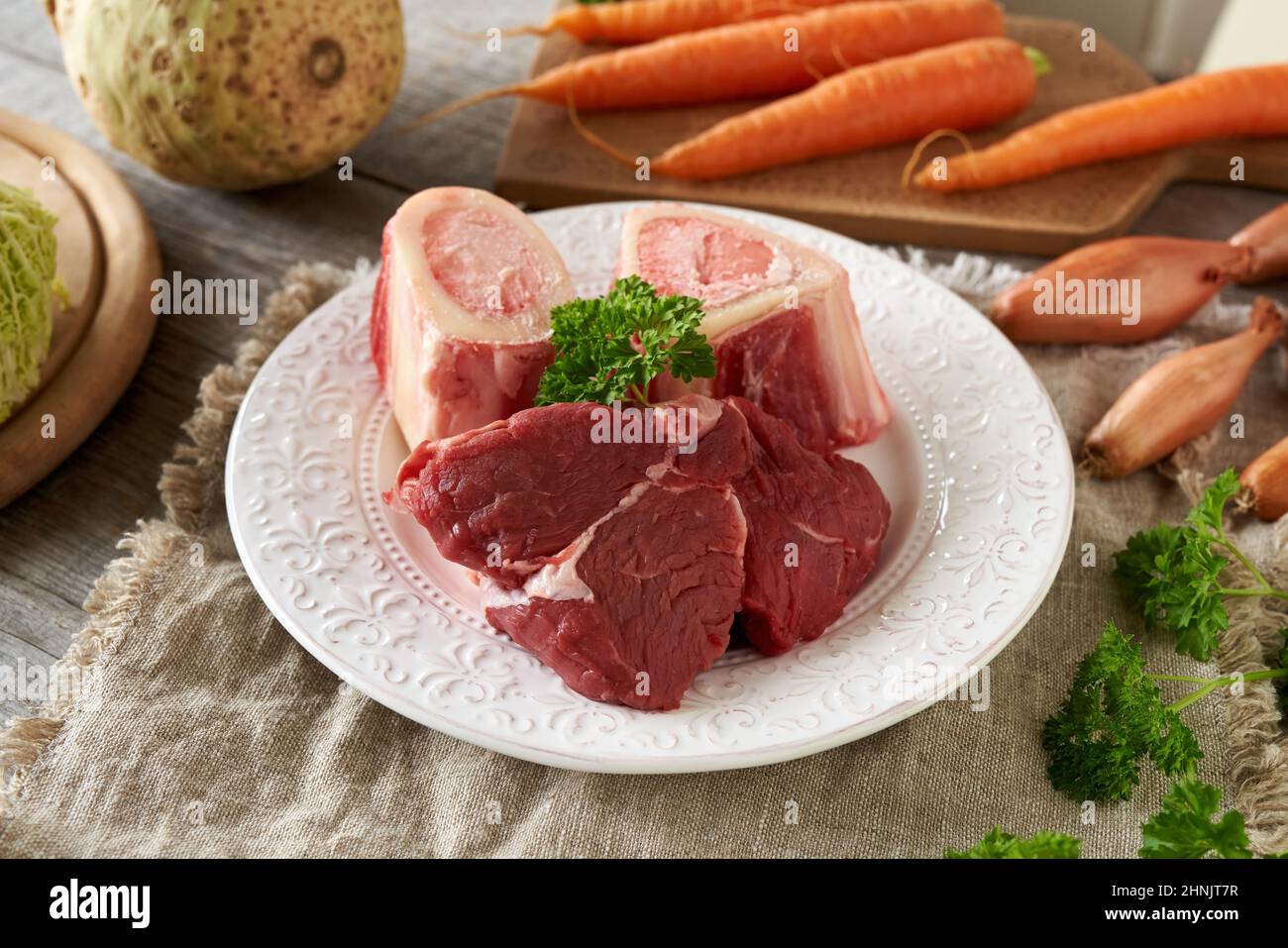 Ingredients for preparing homemade broth or soup beef meat, marrow