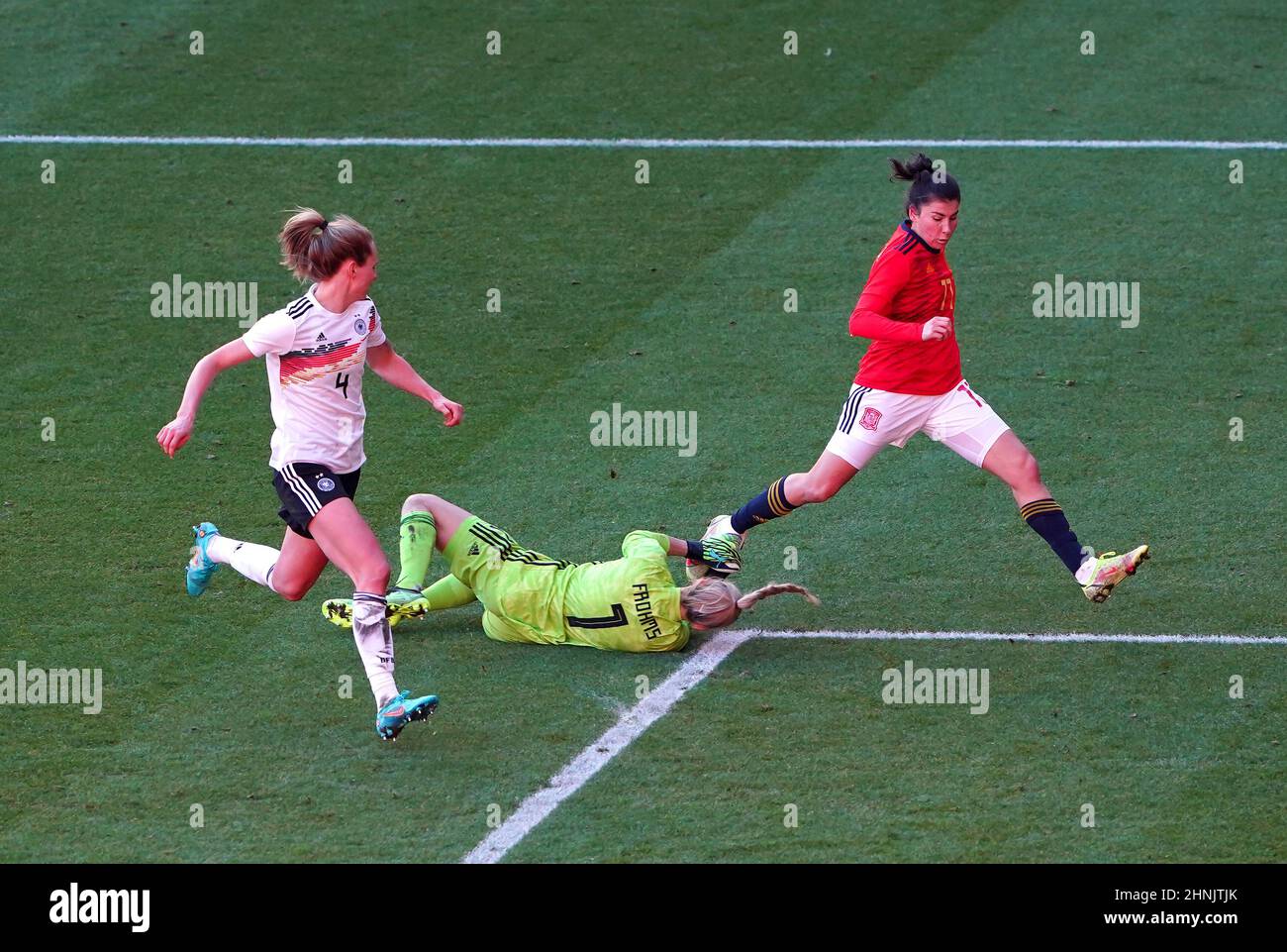 German goalkeeper Merle Frohms saves a shot from Spain's Lucia Garcia during the Arnold Clark Cup match at the Riverside Stadium, Middlesbrough. Picture date: Thursday February 17, 2022. Stock Photo