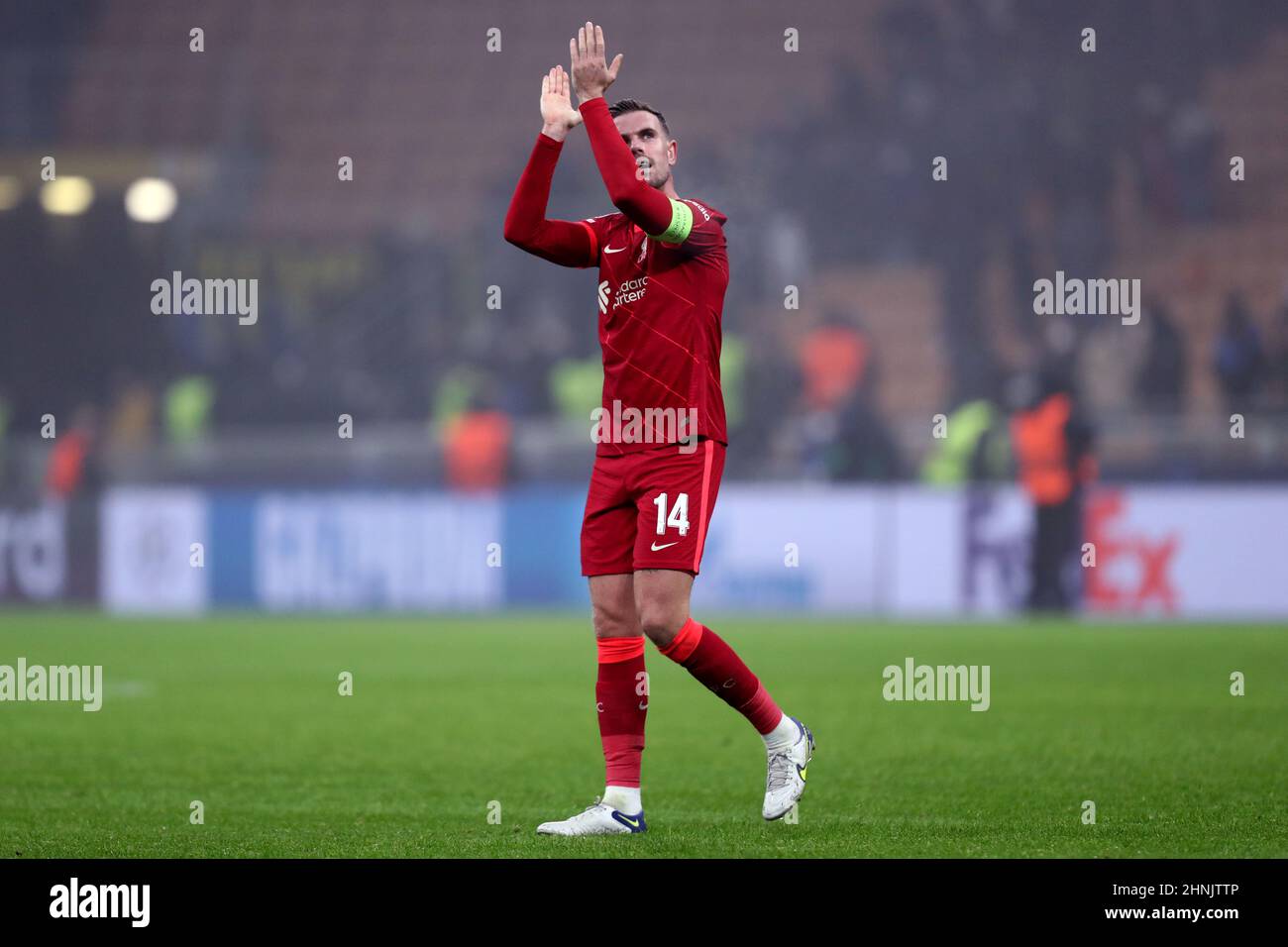 Milan, Italy, February 16, 2022, Jordan Henderson of Liverpool Fc  celebrates at the end of the  UEFA Champions League Round Of Sixteen Leg One match between Fc Internazionale and Liverpool Fc at Stadio Giuseppe Meazza on Februart 16, 2022 in Milan, Italy . Stock Photo