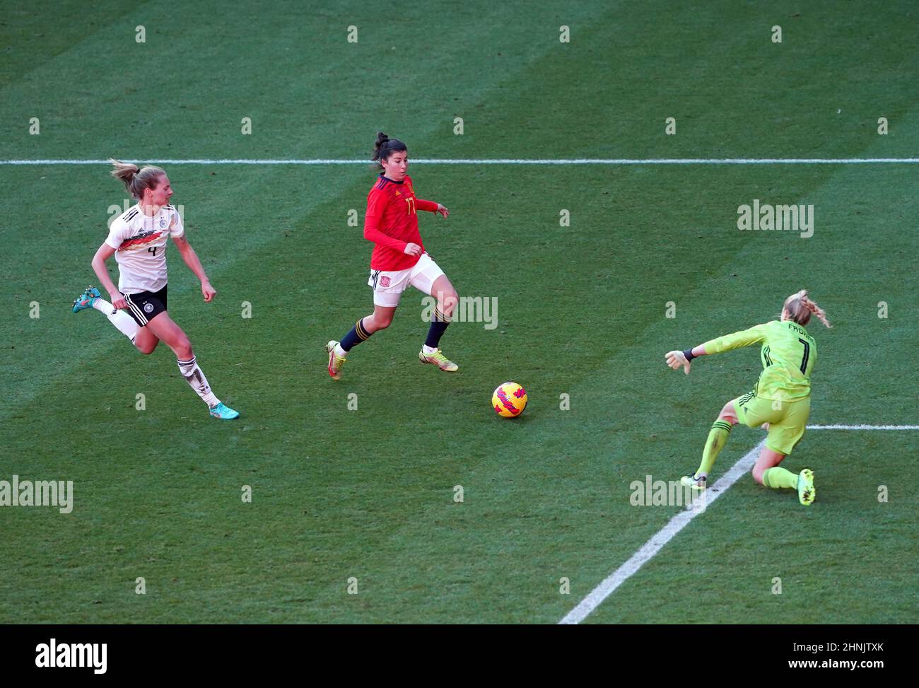 German goalkeeper Merle Frohms saves a shot from Spain's Lucia Garcia during the Arnold Clark Cup match at the Riverside Stadium, Middlesborough. Picture date: Thursday February 17, 2022. Stock Photo