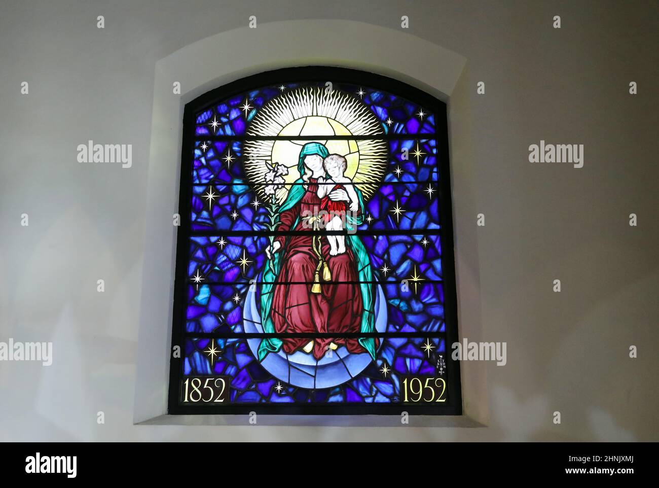 Stained glass window at Holy Trinity Church at Nuwara Eliya in Sri Lanka Stock Photo