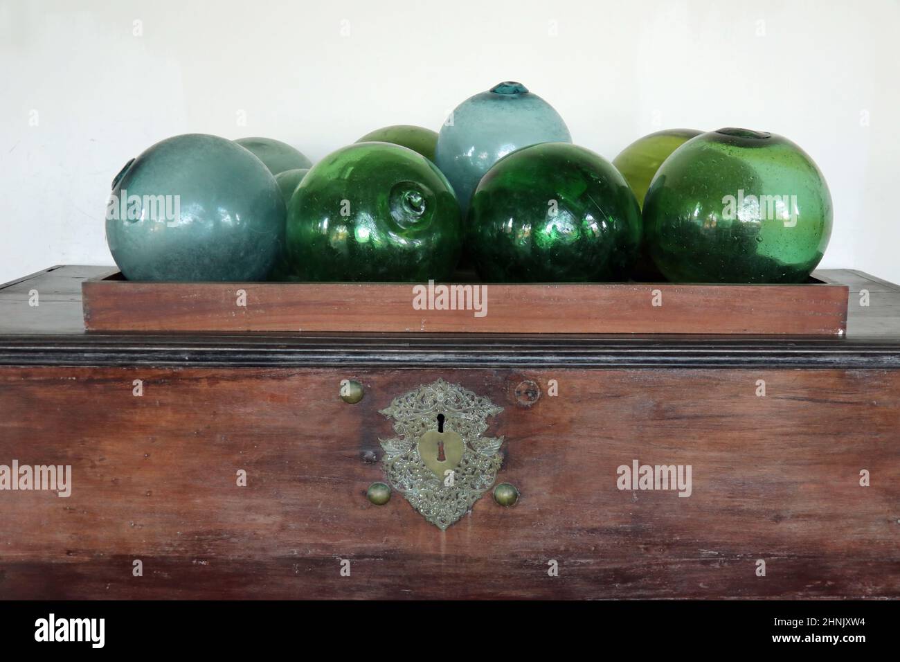 Display of vintage glass floats at the Amangalla hotel in Galle Stock