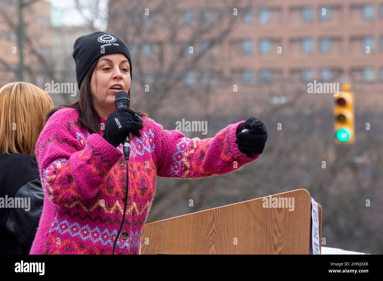 Detroit, Michigan - United Auto Workers Vice President Cindy Estrada speaks at a rally of striking workers at a Great Lakes Coffee shop. Stock Photo