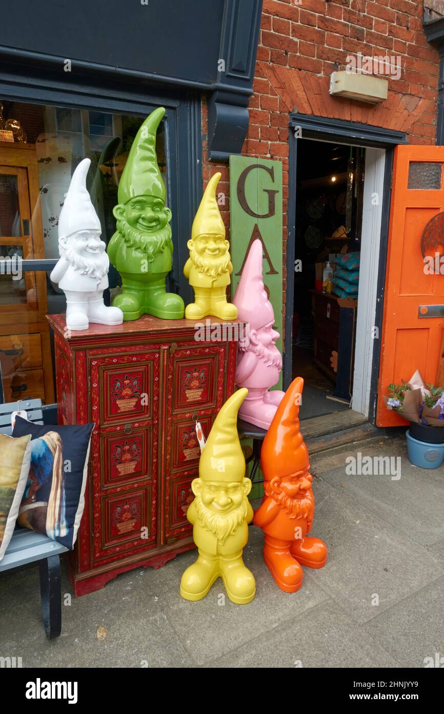Plastic garden gnomes for sale in Southwold, Suffolk, UK. Stock Photo