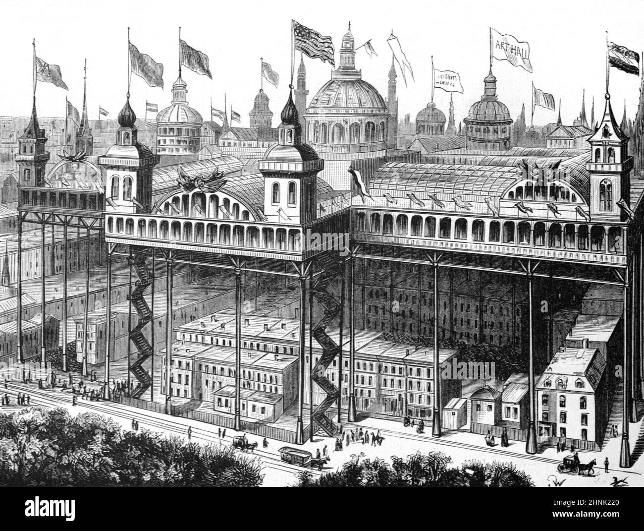 Futuristic Artist's Impression of an Aerial City, a proposal for a World Exhibition or World Fair Exhibition in the United States of America or USA . A new city raised up on a metal or steel framework is constructed above the historic town or city below. Vintage Illustation or Engraving 1883 Stock Photo