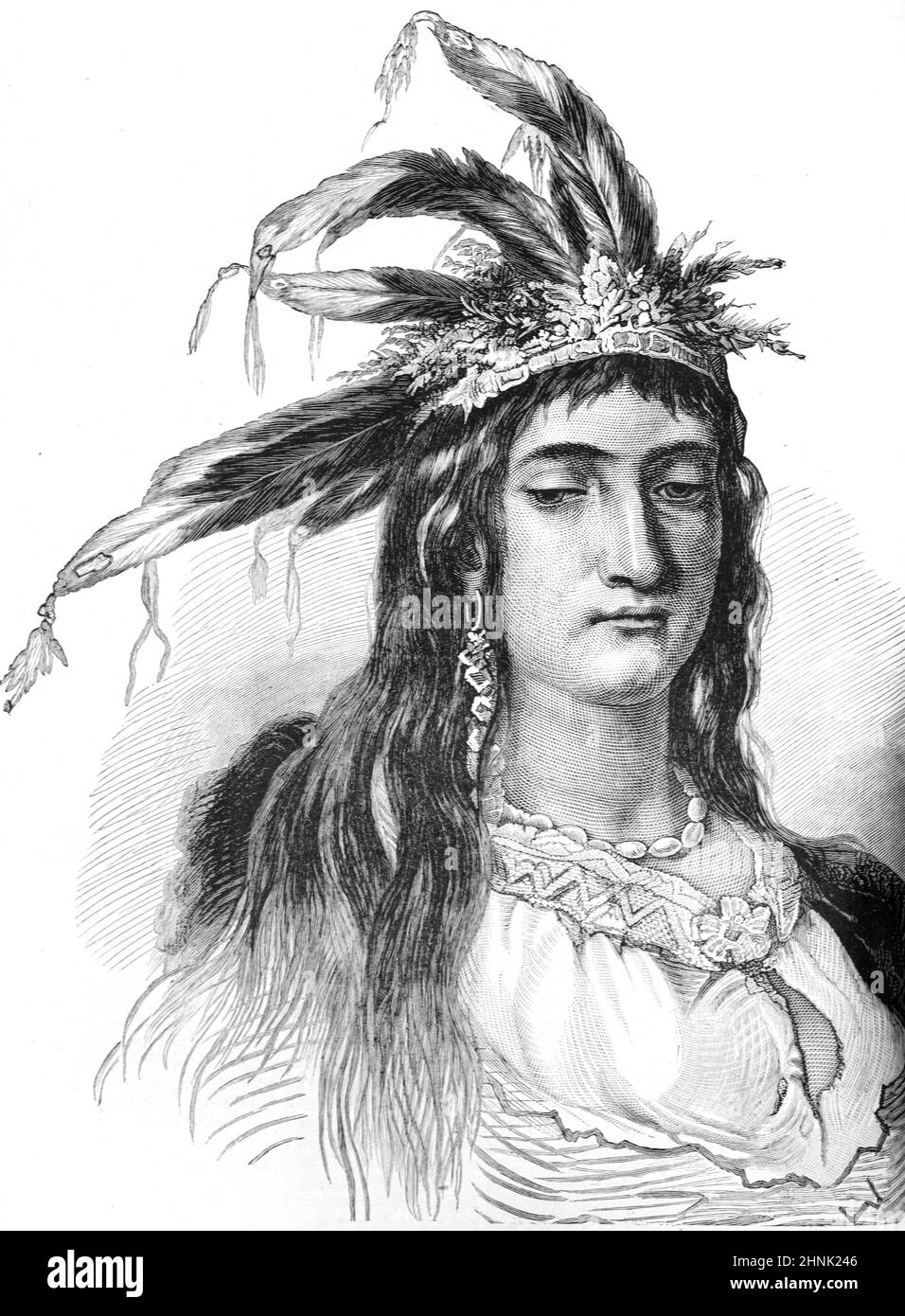 Portrait of Red Indian or Native American Squaw Wearing Feather Headdress (Engr 1883) Stock Photo