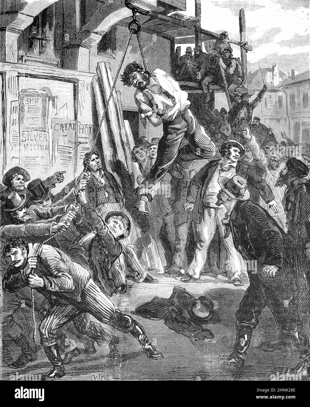 Lynching onr Street Justice in San Francisco United States of America or USA. Vintage Illustration or Engraving 1878 (Castelli) Stock Photo