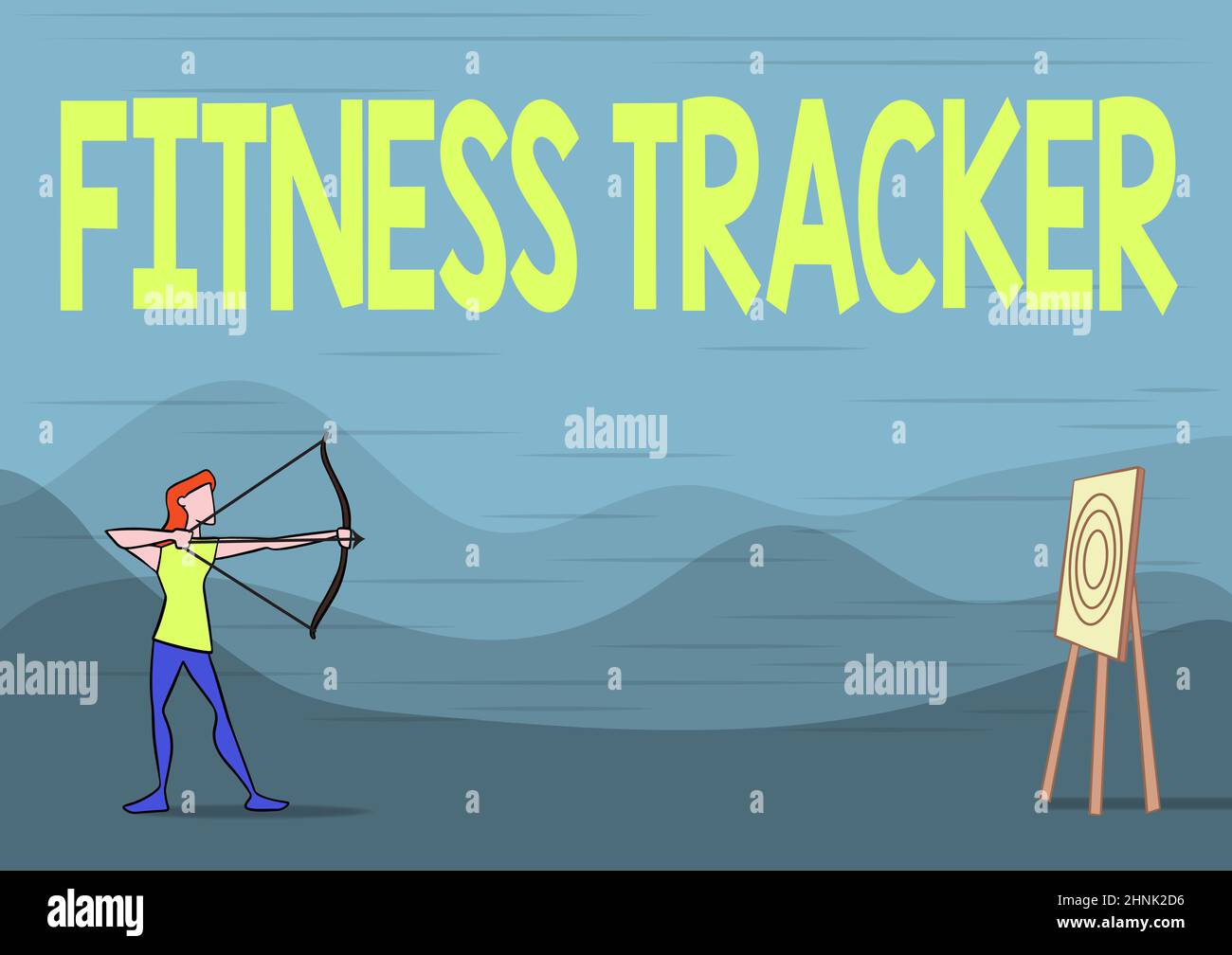 Hand writing sign Fitness Tracker. Word Written on device that records a persons daily physical activity Lady Archer Illustration Holding Bow Aiming For Target. Stock Photo