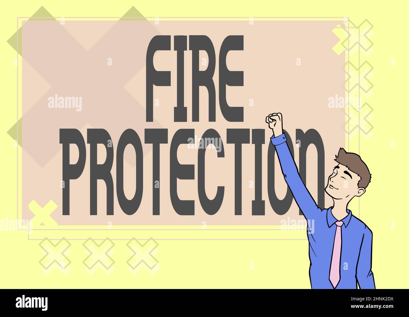 Handwriting text Fire Protection. Conceptual photo measures taken to prevent fire from becoming destructive Happy Man Illustration Standing Infront Board Raising Hands For Sucess. Stock Photo