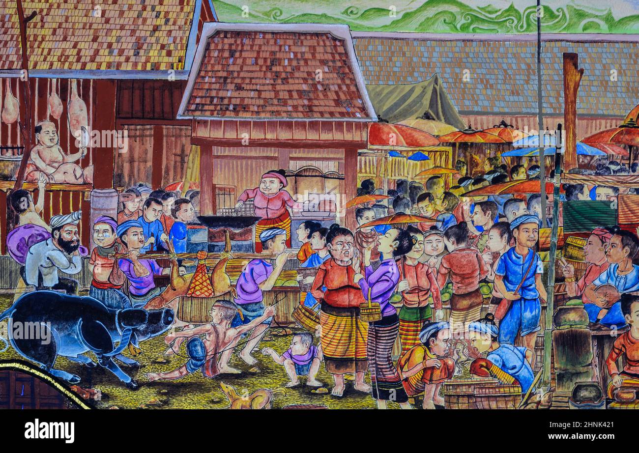 Thai Lanna mural painting of Thai people life in the past on temple wall in Chiang Mai, Thailand Stock Photo