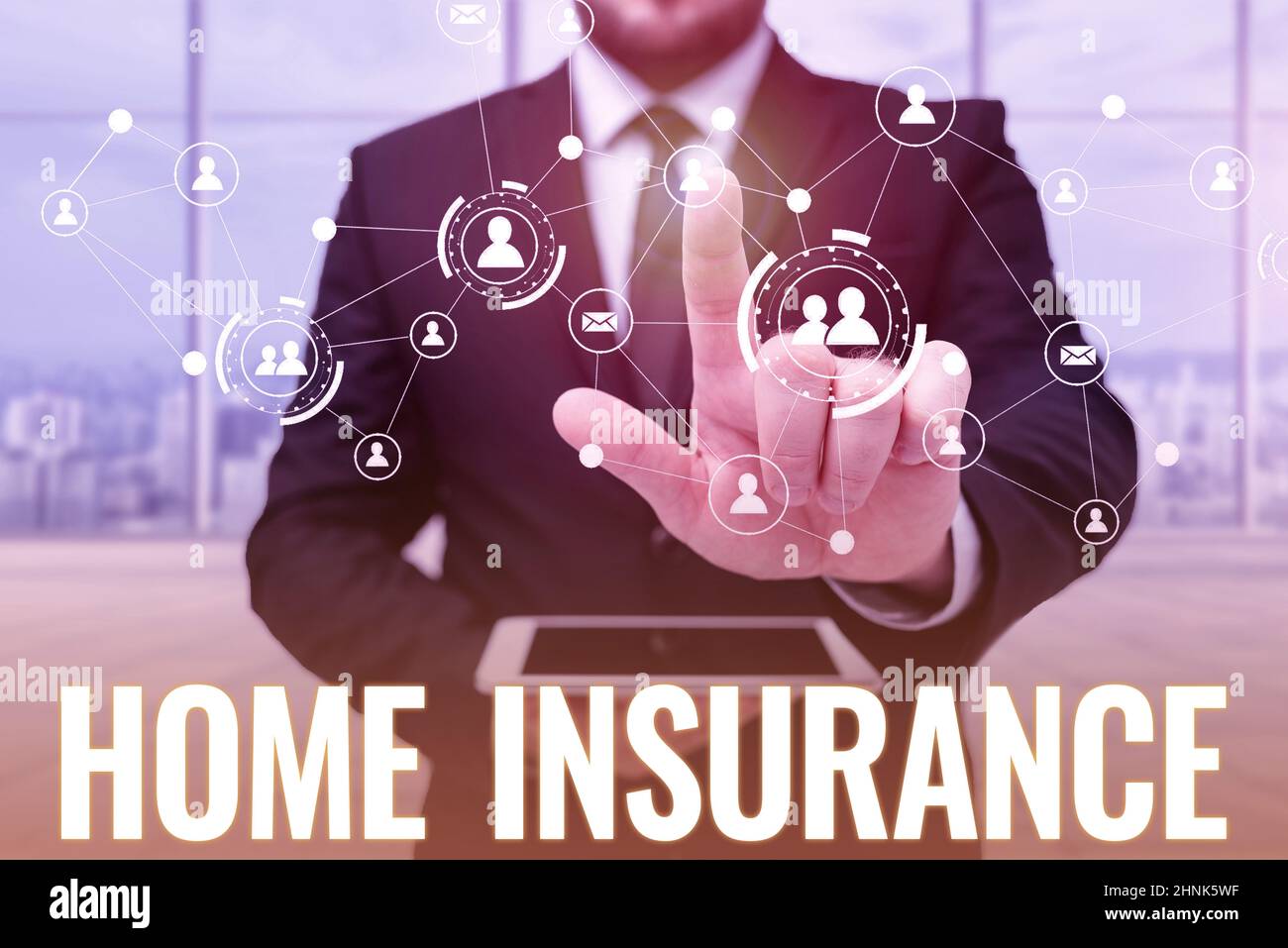 Conceptual caption Home Insurance, Conceptual photo Covers looses and damages and on accidents in the house Man In Uniform Standing Holding Tablet Typ Stock Photo