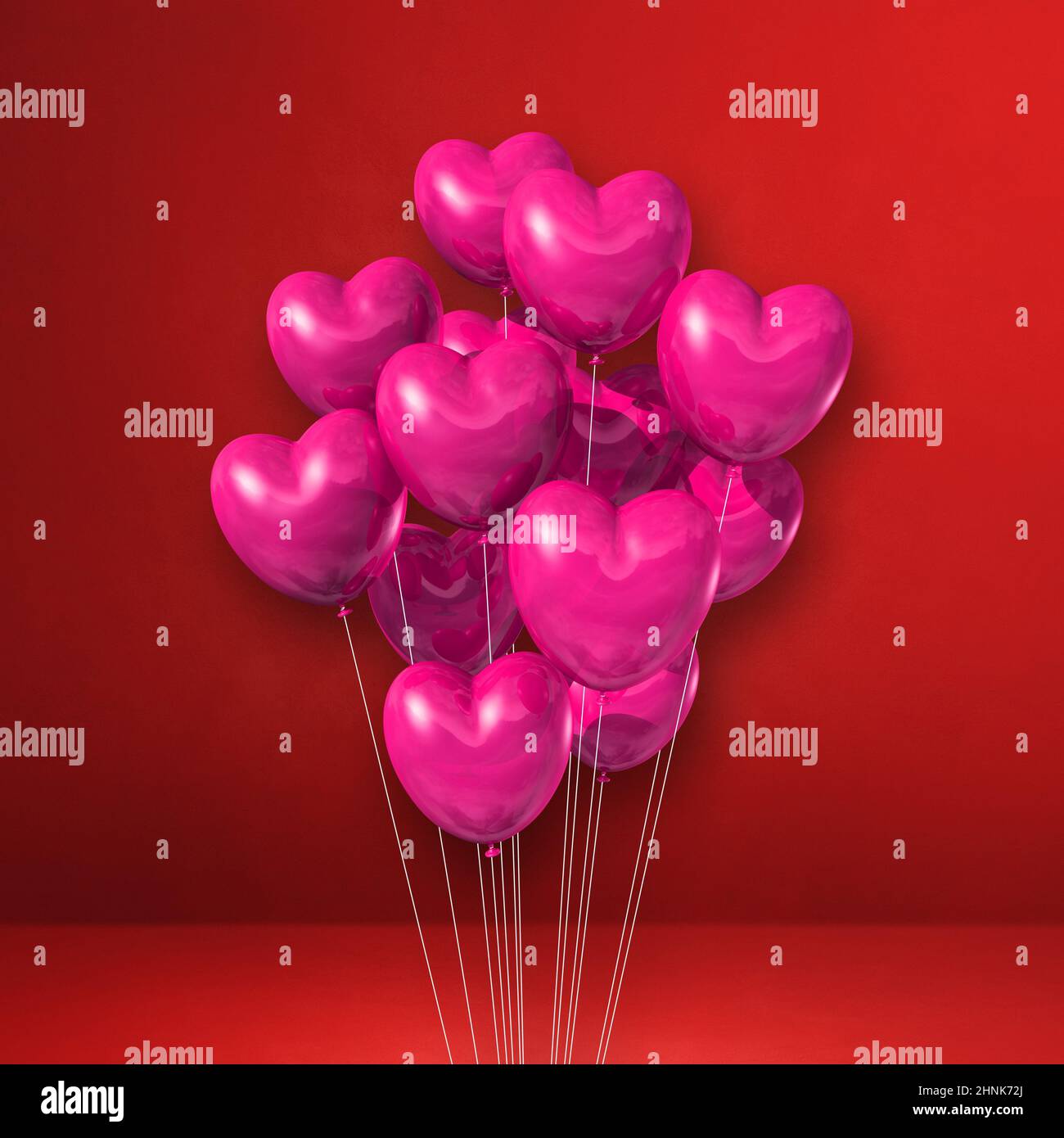 Pink heart shape balloons bunch on a red wall background. 3D ...