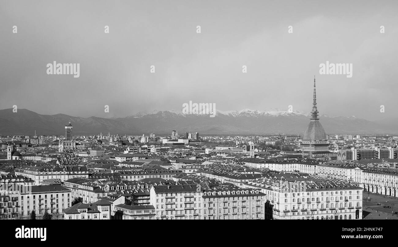 Aerial view of the city of Turin, Italy in black and white Stock Photo ...