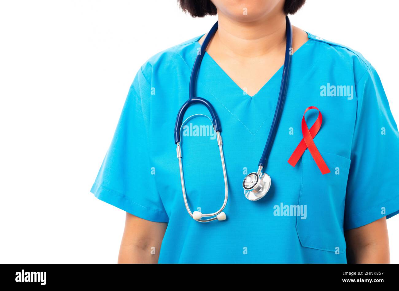 Woman nurse in clinic uniform with support HIV AIDS awareness red ...