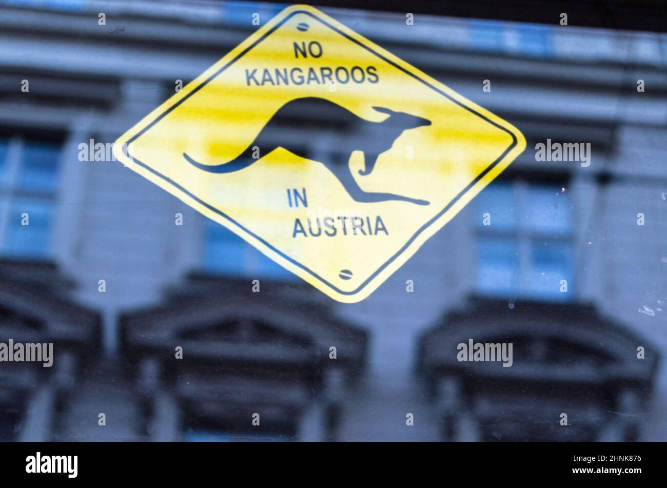 VIENNA, AUSTRIA - SEPTEMBER 1, 2013: Funny sign at a souvenir shop in Vienna, Austria, a saying because Austria is frequently confused with Australia Stock Photo