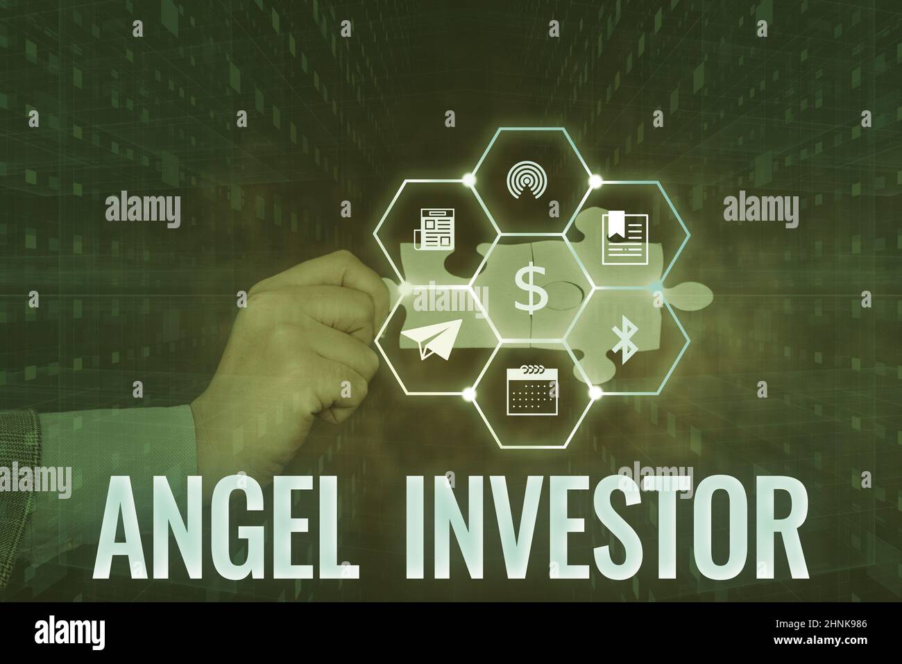 Text caption presenting Angel Investor, Internet Concept high net worth individual who provides financial backing Hand Holding Jigsaw Puzzle Piece Unl Stock Photo