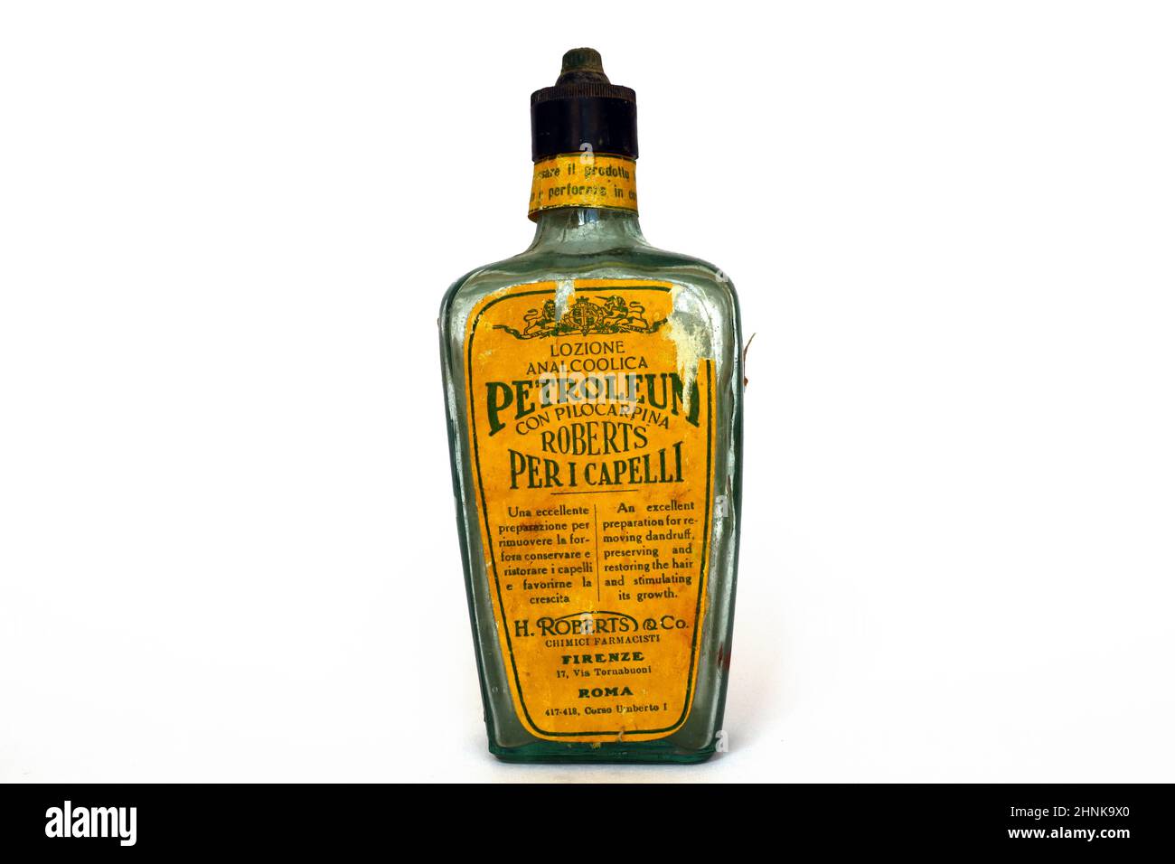 Vintage 1930s PETROLEUM ROBERTS bottle. Hair Lotion for removing dandruff,  restoring and hair growth. H. Roberts & Co. - Florence, Rome (Italy Stock  Photo - Alamy