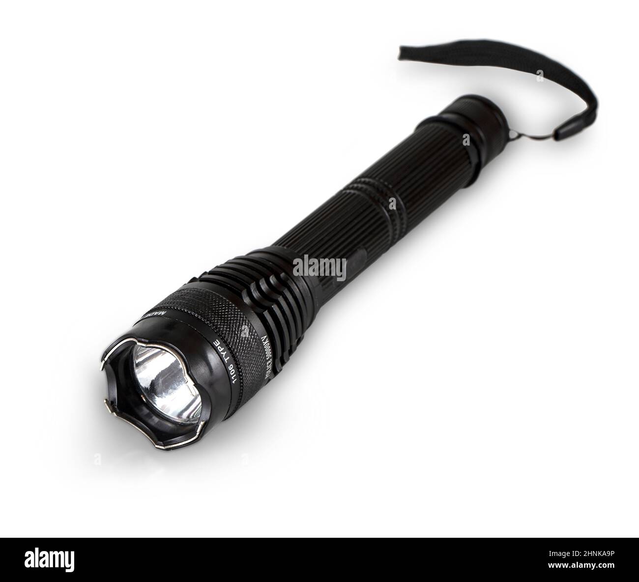 black police handheld flashlight with taser isolated on white Stock Photo